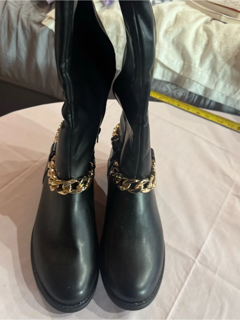 NEW  WITHOUT TAGSWomen's Black Over-the-Knee Boots with Gold Chain Accent